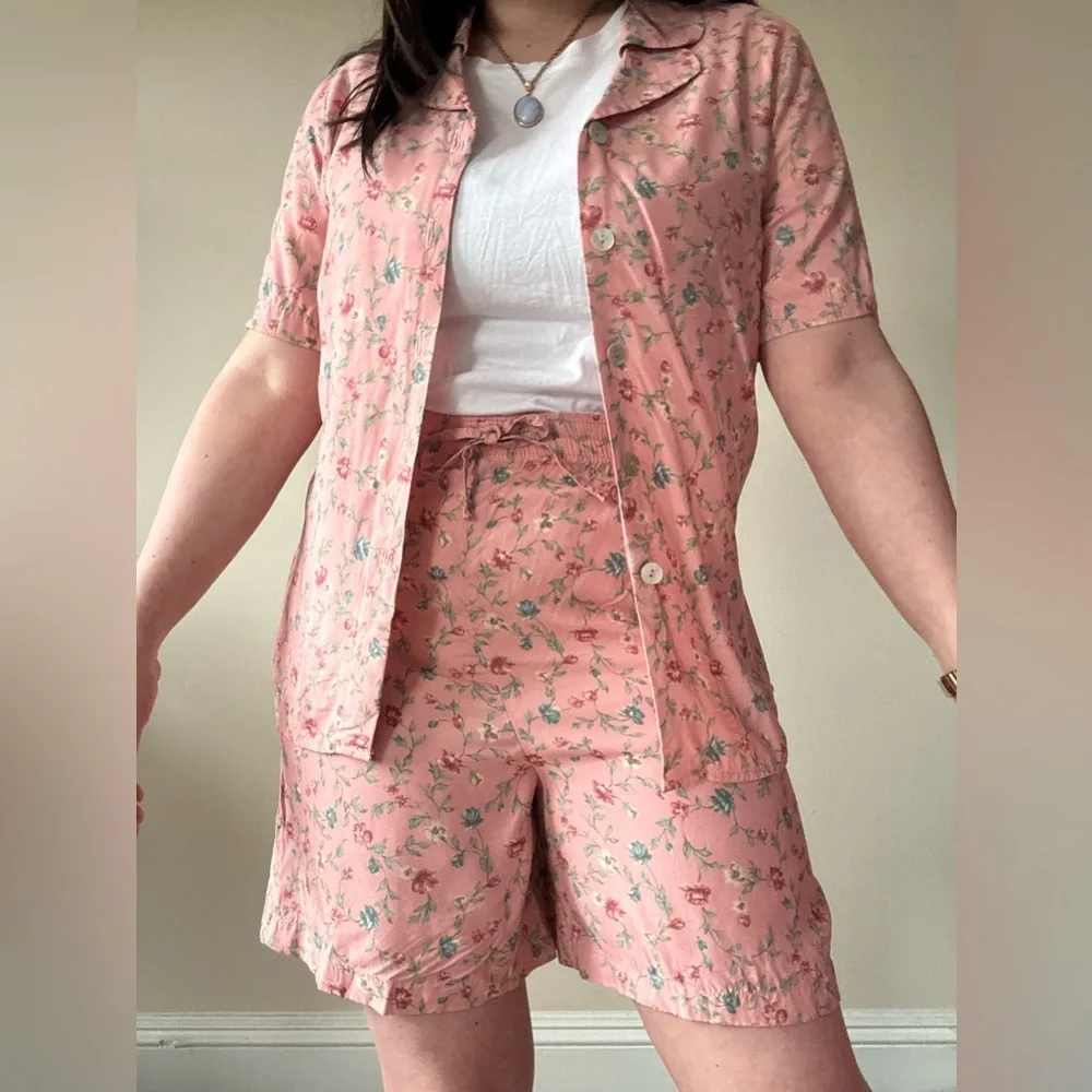 Vintage Pink Floral Top & Drawstring Shorts Set